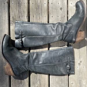 Fluevog Luna tall leather boots with stacked wood heels